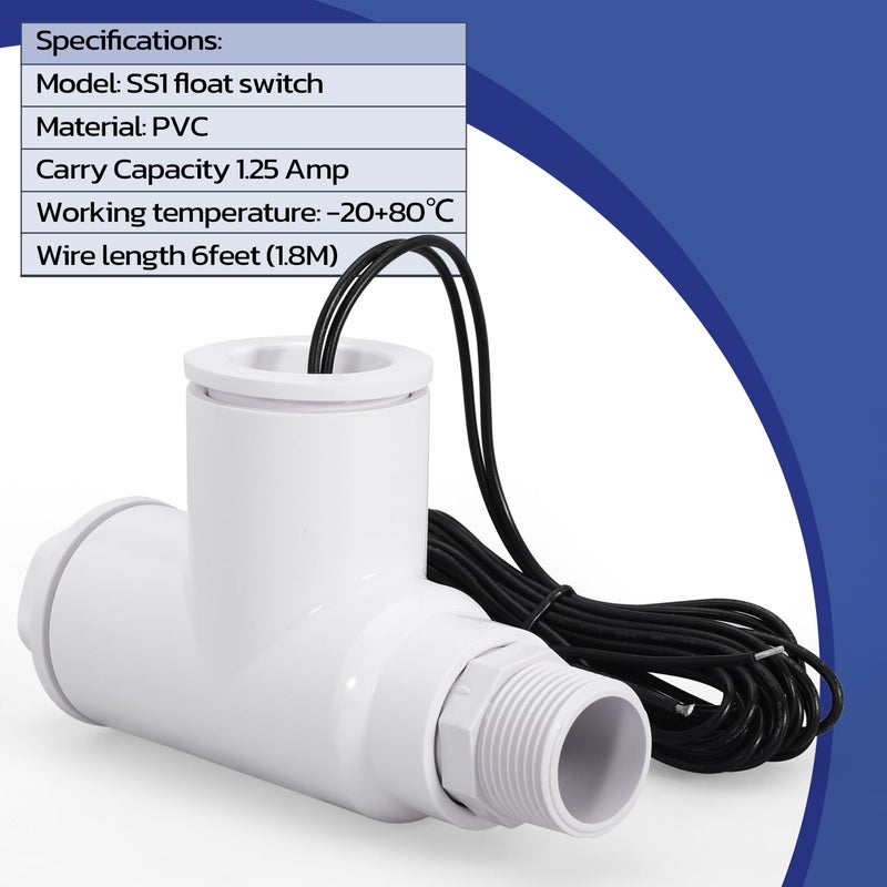 Seweder SS1 Float Switch Condensate Overflow Switch with 3/4 Inch Adaptor and 6FT Wire for HVAC Drain Pan Condensate for condensate Overflow Detection - Image 5